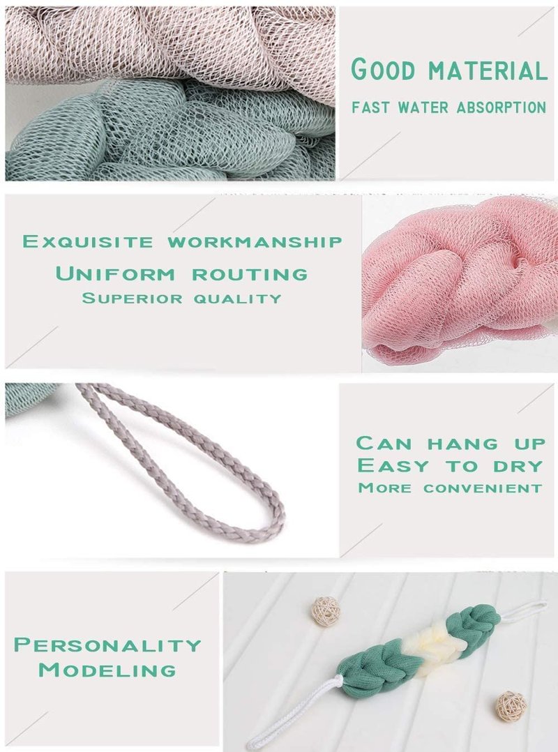 MURRI&MURRDI 4 Packs Long Loofah Back Scrubber for Shower,Body Bath Sponge Ball with Rope Handles,Stretch Exfoliating Mesh Sponge for Men and Women (A-2Grey+2Green)