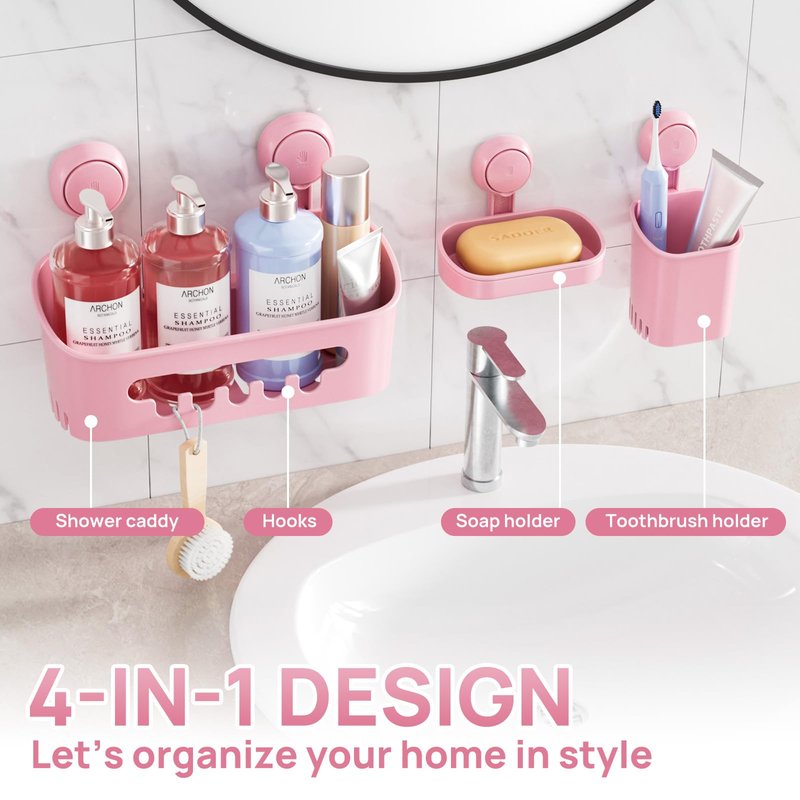 LEVERLOC Shower Caddy Suction Cup Set Shower Organizer & Soap Holder & Toothbrush Holder, Bathroom Shelf Basket NO-Drilling, Removable Suction Storage Waterproof Bathroom Caddy, Pink