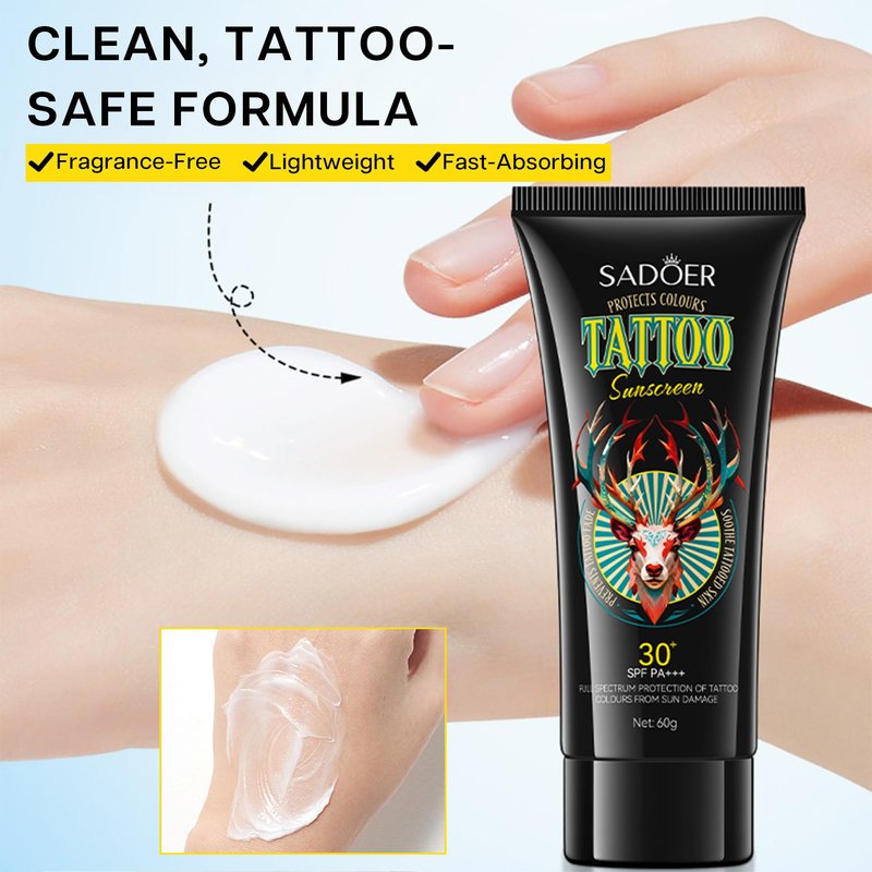 VRAIKO SADOER Tattoo Sunscreen SPF 30+, Fade Protection & Anti-Aging Formula with Avocado Oil, Jojoba Oil, Hyaluronic Acid and Aloe, Moisturizer for Vibrant Tattoos, 2oz