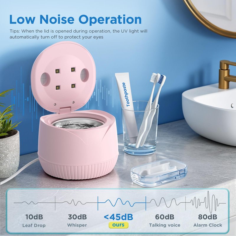 Dental Ultrasonic Retainer Cleaner Machine: 45kHz Dental Cleaning Pod with Digital Timer & 200ML, Cleaning for Dentures, Mouth Guards, Aligners, Night Guards, Braces, Toothbrush Heads & Jewelry, Pink