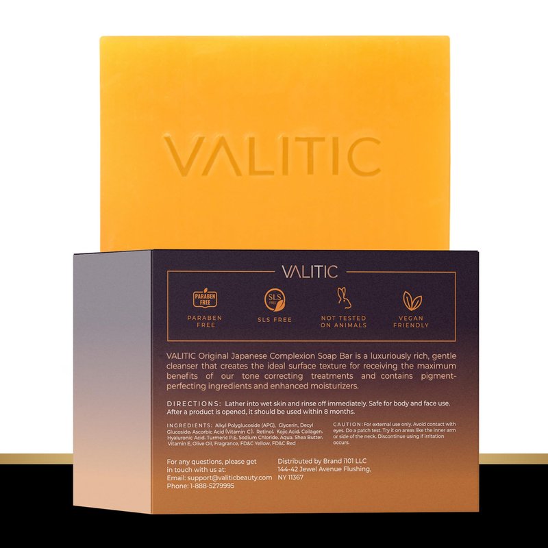 VALITIC 2 Pack Kojic Acid Dark Spot Corrector Soap Bars with Vitamin C, Retinol, Collagen, Turmeric - Original Japanese Complex - Hyaluronic Acid Bundle with 2 Black Exfoliating Gloves for Body Scrub