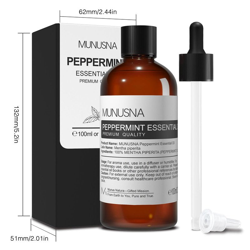 MUNUSNA Peppermint Essential Oil, 100% Pure & Natural Peppermint Oil 100ML, Premium Grade Aromatherapy Oil for Skin Body Hair Care, Freshening Air, Mood, Diffuser, Massage, Soap and Candle Making