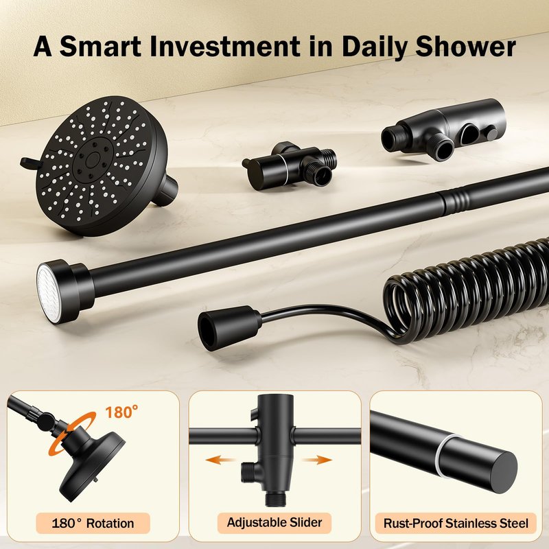 Dual Shower Head with Original Adjustable Slider, High Pressure Double Shower Head for Two People Rod, 2 Showerhead System for Couples, Renter-Friendly, SPA-Like, Gift for Women Men, Black