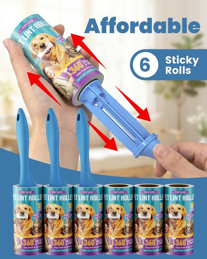 POPCHOSE Lint Rollers for Pet Hair Extra Sticky,600 Sheet Extra Sticky Lint Rollers for Pet Hair,3 Handles & 6 Sticky Rolls,Dog Cat Hair Remover for Clothes,Furniture,Couch,Lint Roller for Clothes
