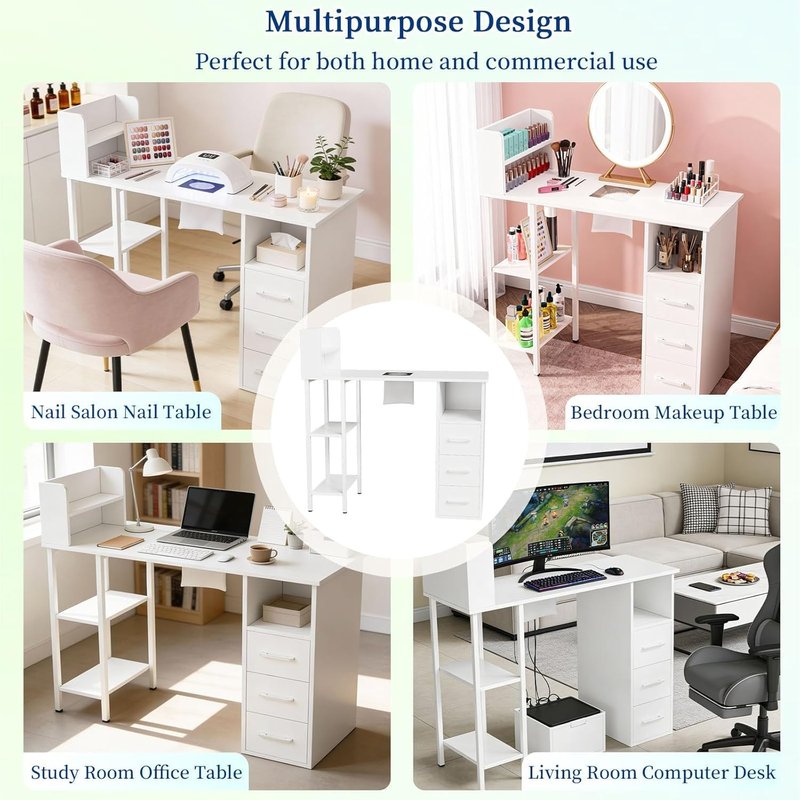 Nail Desk for Nail Tech - Manicure Table with Electric Dust Collector, 3 Drawers & White Finish | Perfect for Salon or Home Use