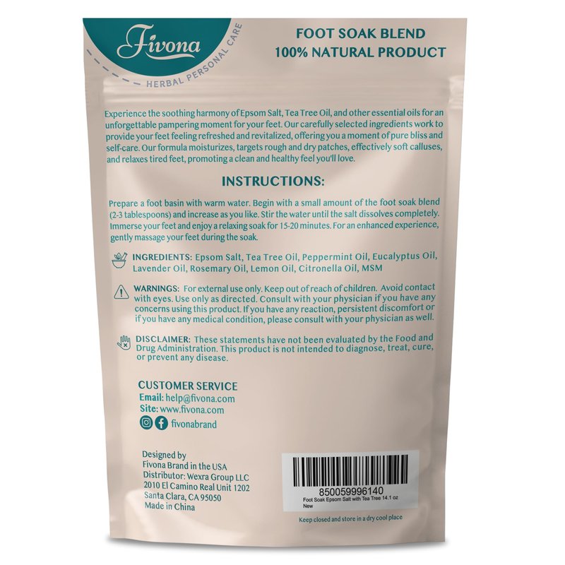 Fivona Tea Tree Foot Soak Blend 14.1 oz - Epsom Salt with Essential Oils for Healthy Toenails, Soothing Relief, Callus Softening - Pedicure Therapy for Soft, Rejuvenated Feet