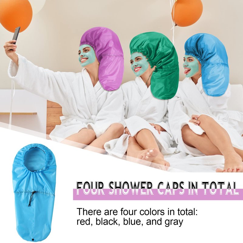 Eurzom 4 Pcs Large Shower Cap for Braids Extra Long Shower Cap for Women Long Hair Locs Foldable Waterproof Reusable XL Hair Bonnets for Dreadlocks Drawstring Bath Caps(Pink, Blue, Green, Purple)