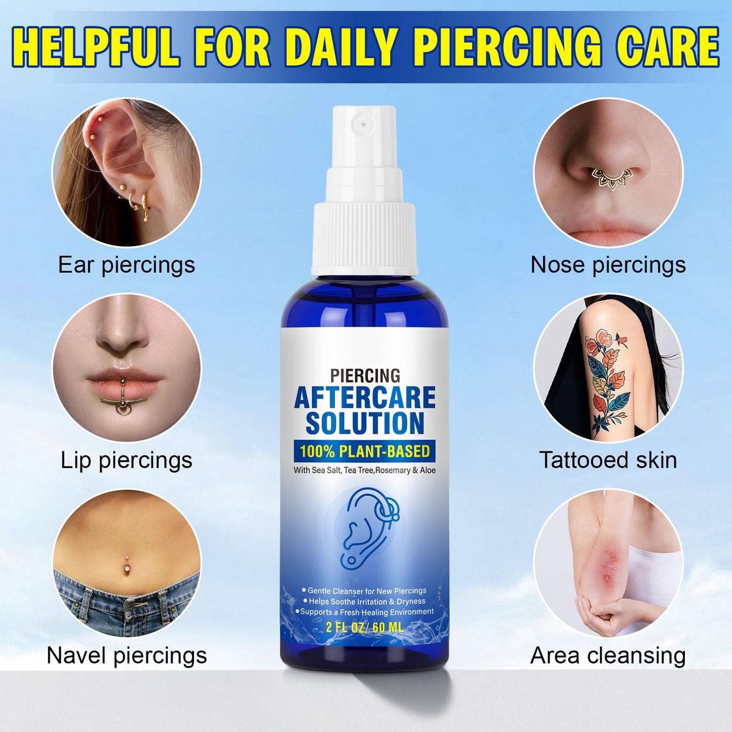 Piercing Aftercare Spray, Piercing Cleaner Spray for Body and Facial Piercings – Ear, Nose, Navel, Oral & Skin Piercings Cleaner, Cleansing & Moisturizing - 2 Fl Oz