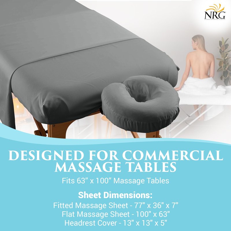 Premium Microfiber 3 Piece Massage Sheet Set by NRG - Includes Massage Table Flat Sheet, Fitted Sheet and Face Rest Cover - 100% Double Brushed Polyester, Soft as Silk - 120 GSM - Color: Stone