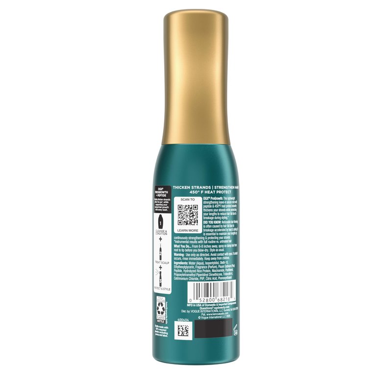 OGX ProGrowth + Peptide Serum Mist, Heat Protectant Spray Instantly Thickens Hair Root to Tip While Protecting from Breakage for Visibly Thicker, Fuller Hair, 6.5 fl. oz
