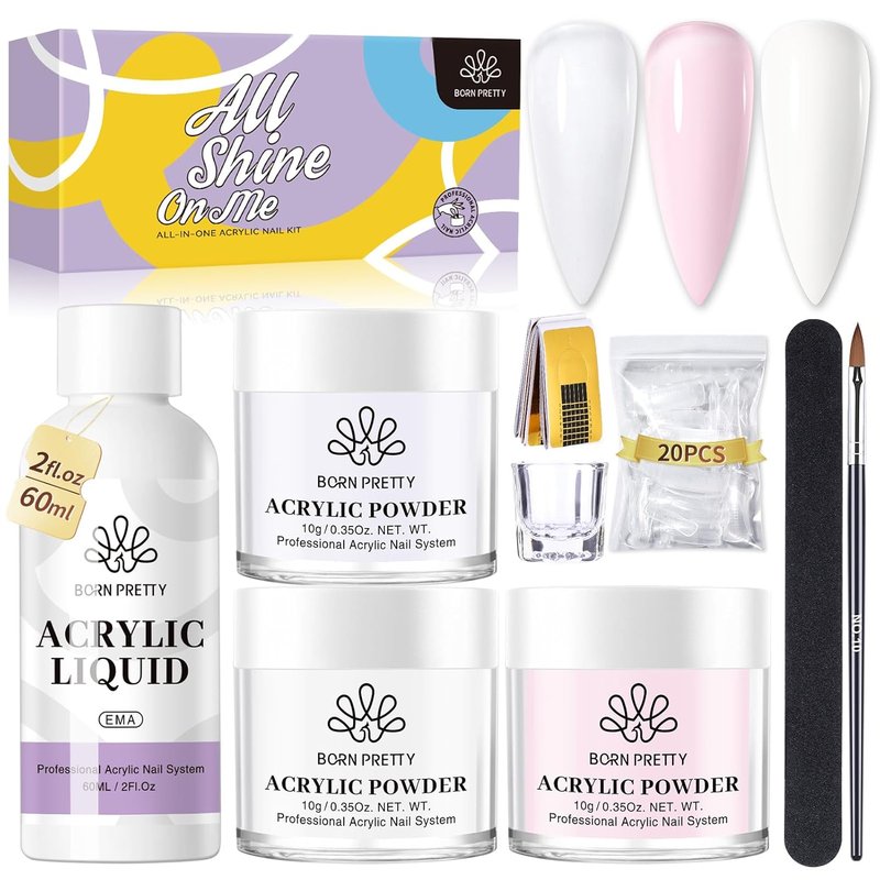 BORN PRETTY Acrylic Nail Kit - Clear, White & Pink Powder with Liquid, Forms, Brush & File | Beginner Friendly