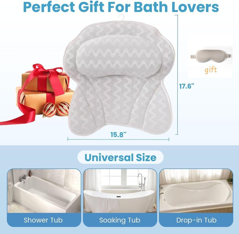 LIBRALUX Bath Pillows,Bathtub Pillows for Head and Neck Back Support,Bath Pillows for Tub with Soft 4D Breathable Mesh Fabric and Nonslip Suction Cups,Relaxing Bath Accessories Spa Gifts .(Wave White)
