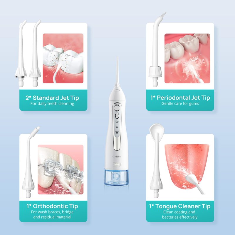 COSLUS Water Dental Flosser Teeth Pick C20: ADA Accepted, Portable Cordless Oral Irrigator 300ML Rechargeable Travel Irrigation Cleaner IPX7 Waterproof Electric Flossing Machine for Teeth, White