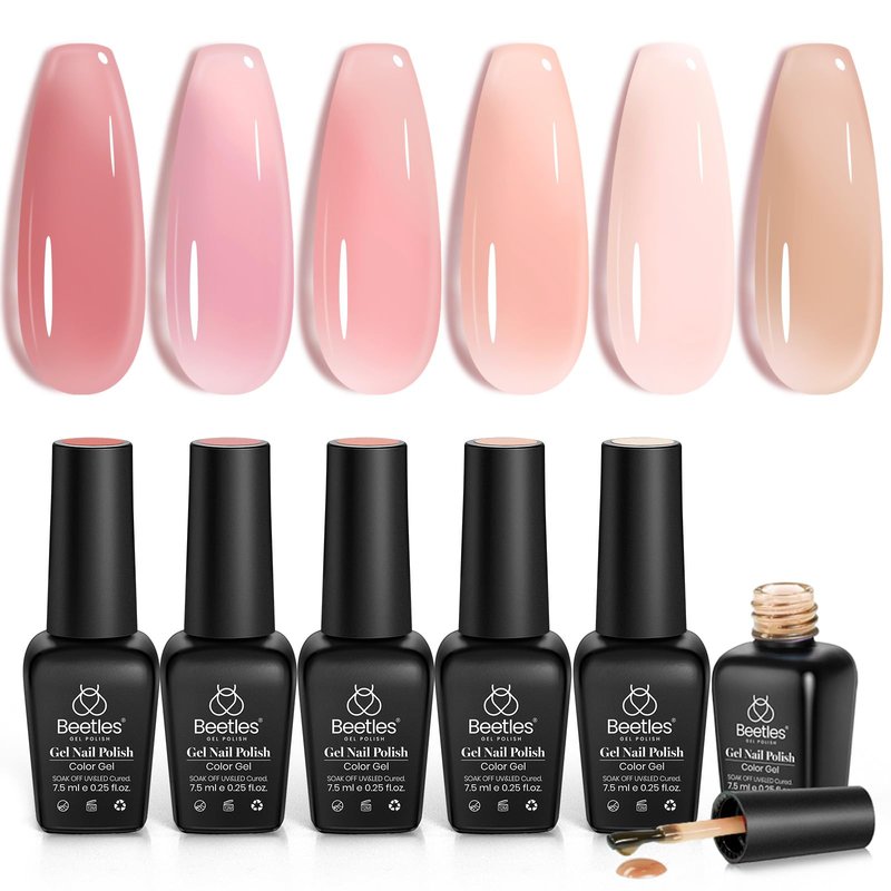 Beetles Nude Gel Nail Polish Set - 6 Colors Jelly Gel Polish Kit Nude Pink Neutral Nail Art Design Sheer Translucent Gel Nail Kits Soak Off Uv Nail Lamp Cured Nail Manicure Gift for Women