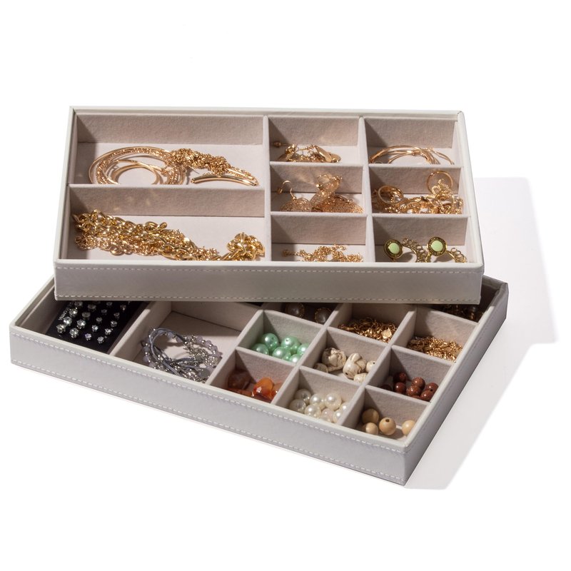 BINO | Jewelry Tray 2-Pack(Solid White) Stackable Jewelry Organizer Display | Accessories Holder and Display, Velvet Accent | Jewelry Display Case | Counter Showcase | Necklace, Bracelets, Earrings