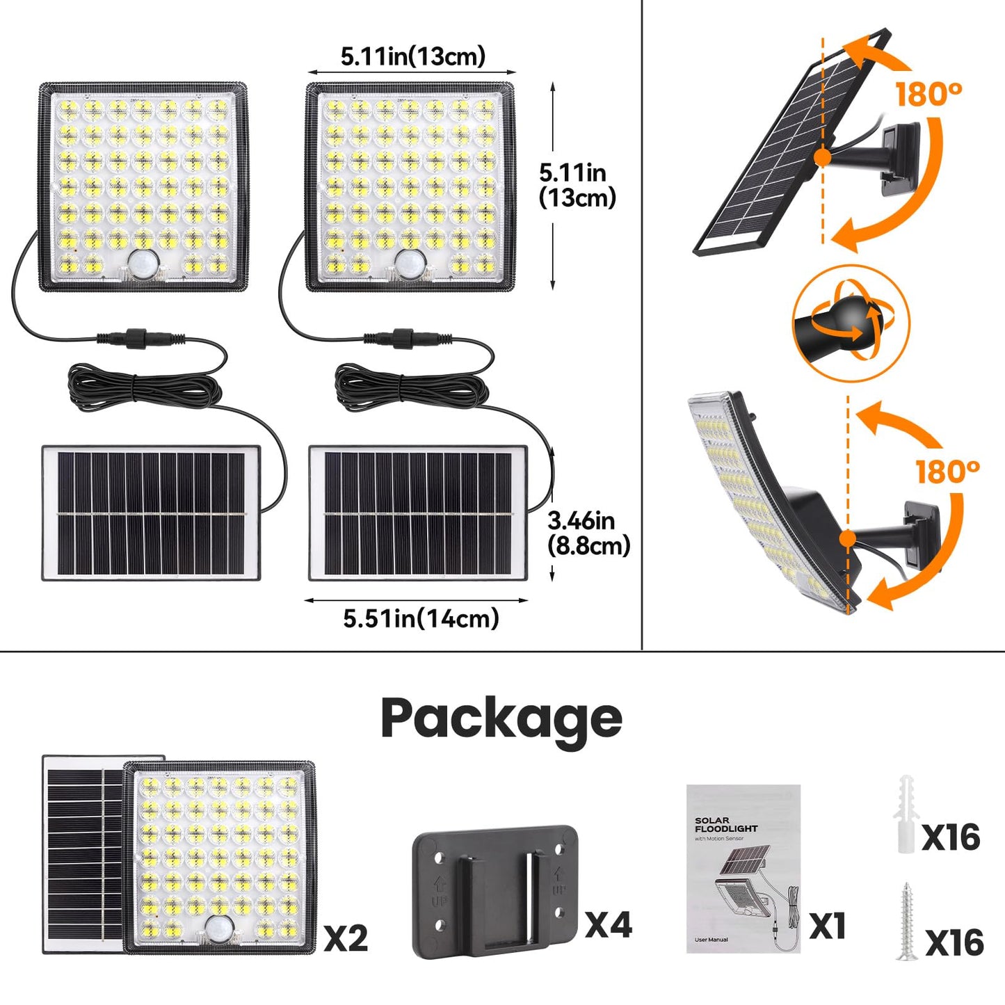 HLCZLUZ Solar Lights Outdoor Waterproof, Motion Sensor Outdoor Lights, 3 Modes 184 LED 150% Bright Upgraded Convex Lens 16.4 Ft Cord, Dusk to Dawn Solar Flood Light for Porch, Patio, Yard, Garage