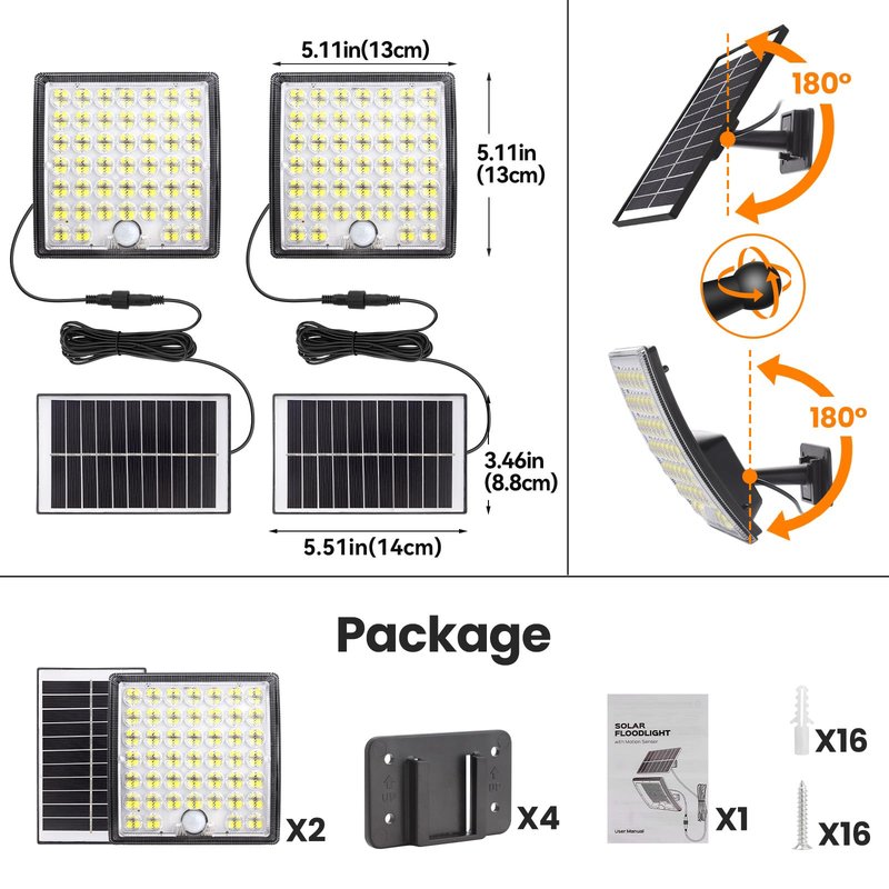 HLCZLUZ Solar Lights Outdoor Waterproof, Motion Sensor Outdoor Lights, 3 Modes 184 LED 150% Bright Upgraded Convex Lens 16.4 Ft Cord, Dusk to Dawn Solar Flood Light for Porch, Patio, Yard, Garage