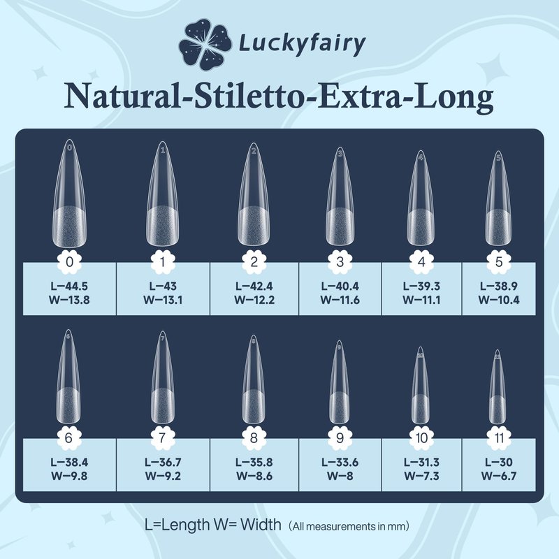 Luckyfairy XXL Stiletto Nail Tips 120 Pcs Full Cover Pre-buff Stiletto Gel Press On Nails Flat Tips for Acrylic Nails for Home DIY Nail Extensions 12 Sizes