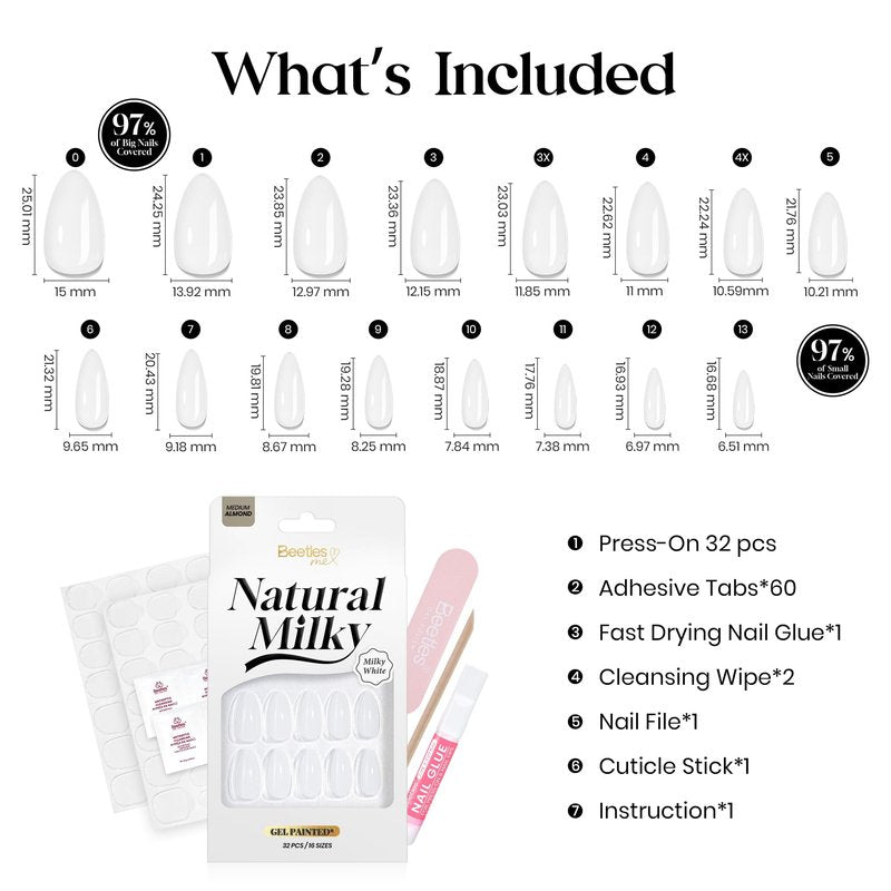 Beetles Milky White Press On Nails Medium Almond - Natural White Almond Press On Nails Soft Nail Gel with Nail Glue Adhesive Tabs Nail File Cleaning Wipe Cuticle Stick, 16 Sizes 32pcs