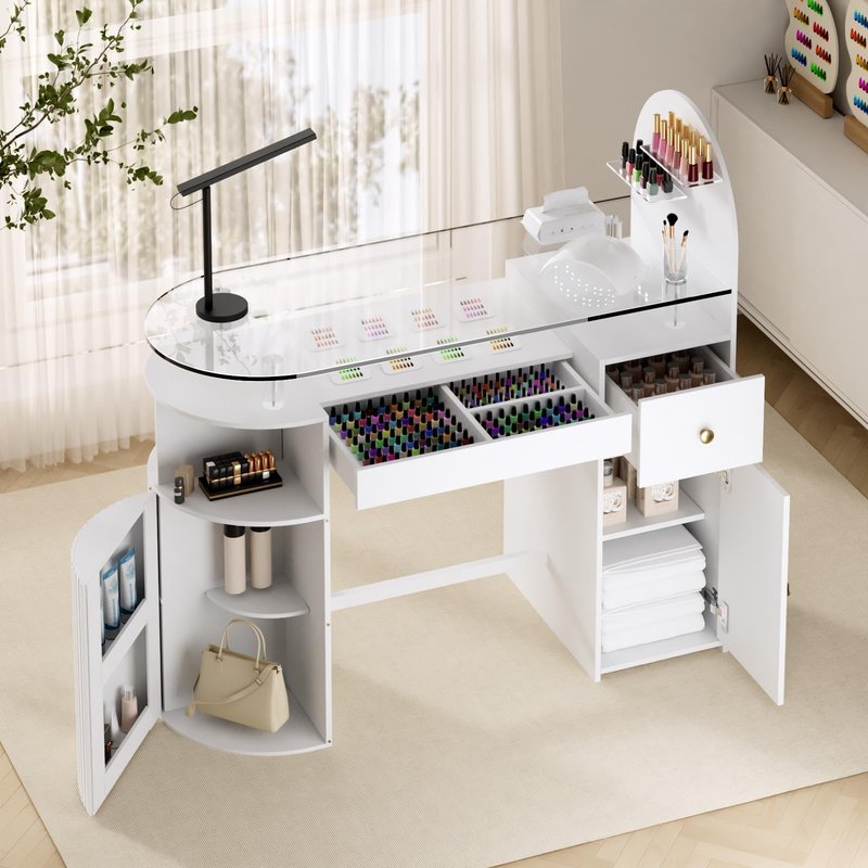 HolaiNail Manicure Table Nail Station with Tempered Glass Top, Professional Nail Tech Desk with Storage Cabinet & Drawer, Acetone Resistant, for Nail Beauty Salon Workstation(White)