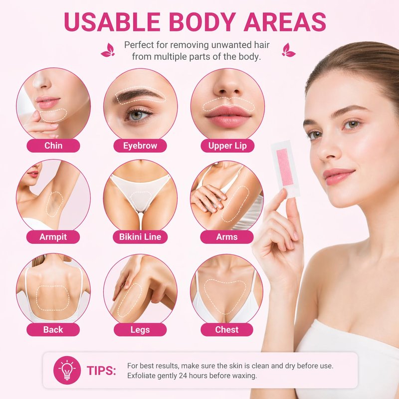48Pcs Facial Wax Strips for Women, Upper Lip & Eyebrow Hair Removal, Hypoallergenic for Sensitive Skin, Removes Even Short Hair, Up to 5 Weeks Smooth, Easy No-Heat Waxing Kit