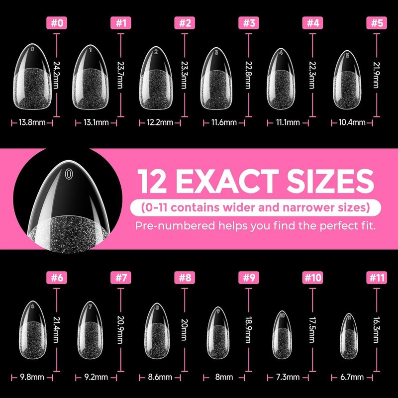 UNA GELLA Almond Nail Tips, 216pcs Pointed Almond Gel Nail Tips Pre-shape Half Matte Full Cover Clear Acrylic Soft Gel Fake Nails for Nail Extension Nail Art 12 Sizes