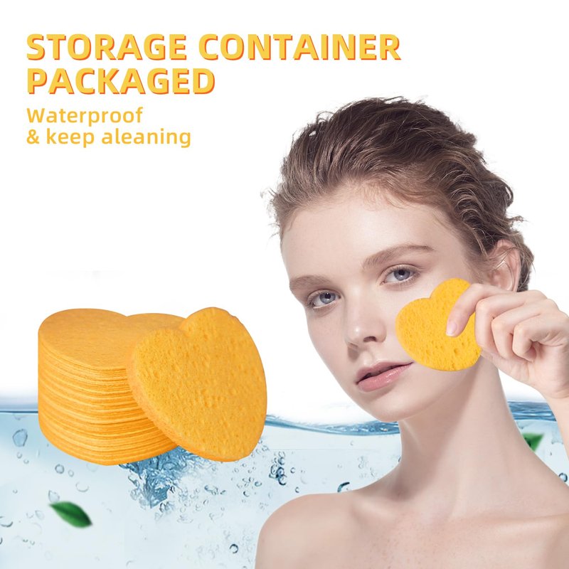 20 Count Heart Shape Compressed Facial Sponges with Case for Travel, 100% Natural Cellulose Facial Cleansing Sponges Pads Exfoliating Sponges for Cleansing, Pore Exfoliating,Makeup Removal (Yellow)