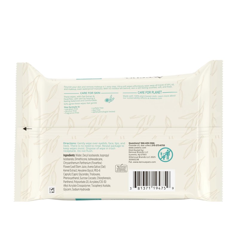 Aveeno Calm + Restore Unscented Makeup Remover Face Wipes, Fragrance Free Facial Cleansing Towelettes with Oat Extract & Calming Feverfew Leave Skin Feeling Soothed, Alcohol Free, 25 ct
