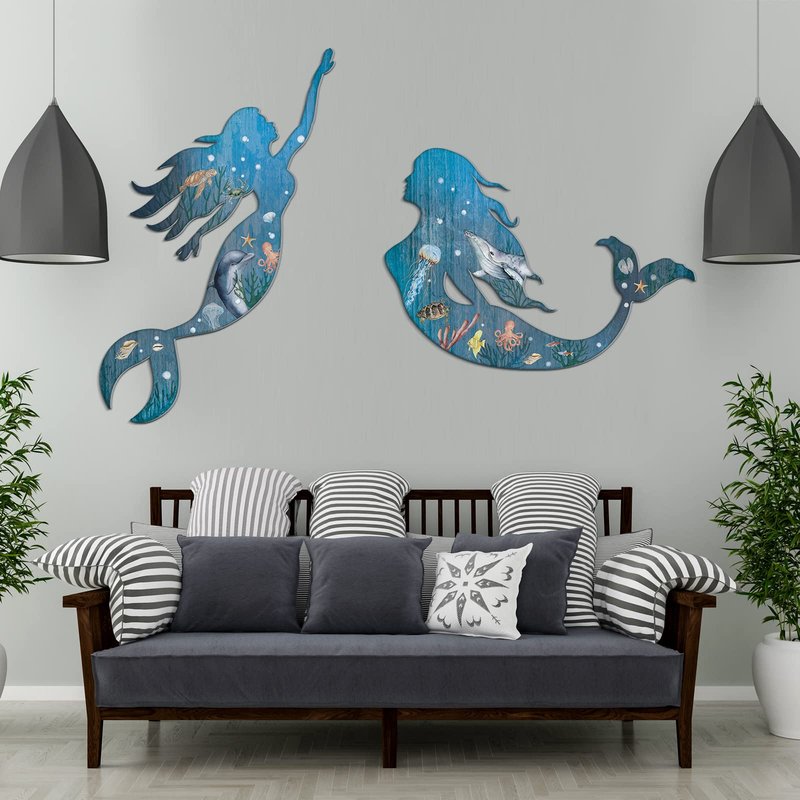 Pelopy 2 Pack Metal Mermaid Wall Art Rustic Bathroom Hanging Mermaid Wall Decor Blue Sculpture Decorations for Room Patio Swimming Pool Bathroom