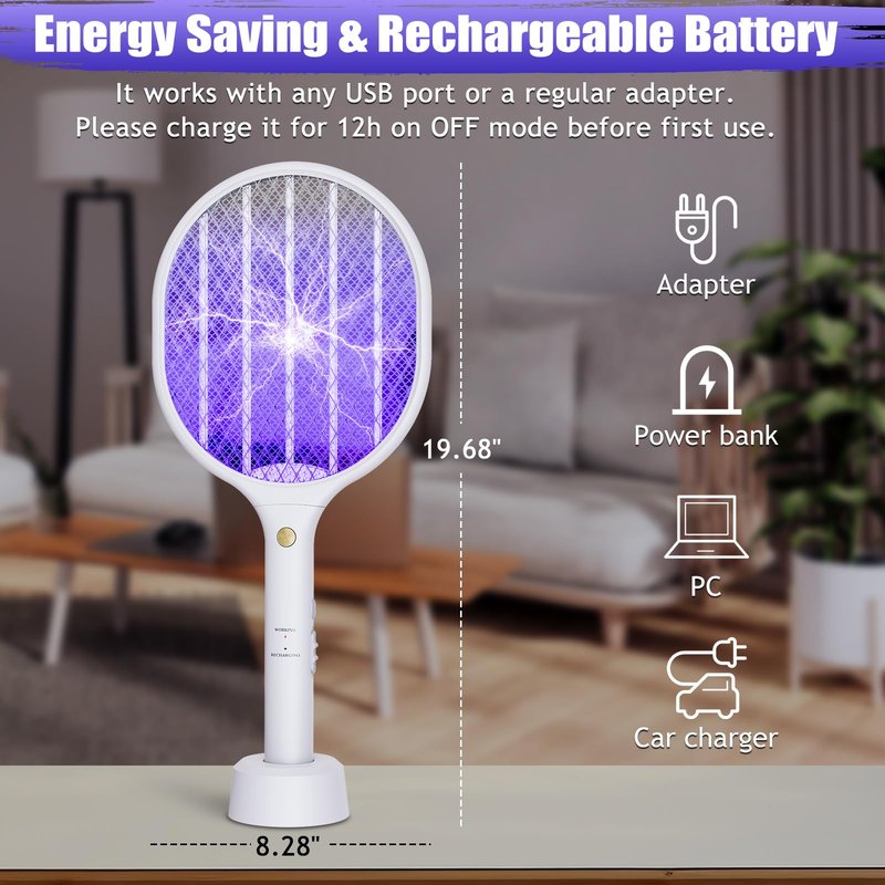 2 PCS 3000V Electric Fly Swatter Racket, 2 in 1 Bug Mosquito Killer Zappers USB Rechargeable, 1200mAh Mosquitoes Killer Lamp & Fly Zappers with 3 Layer