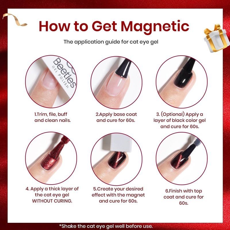 Beetles Cat Eye Gel Nail Polish Set, 6 Colors Glitter Gel Polish Kit Red Pink Shiny Brown Burgundy Purple Blue Green Magnetic Effect Sparkle Stunning Soak Off UV Manicure Gifts for Women