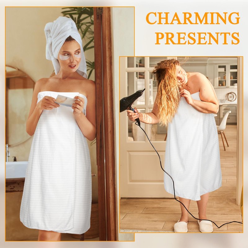 Tigeen 2 Pcs Women's Towel Wrap Lightweight Spa Robe Stripes with Adjustable Closure, Elastic Top Soft Bathrobe Spa Wrap(Large-X-large,White)