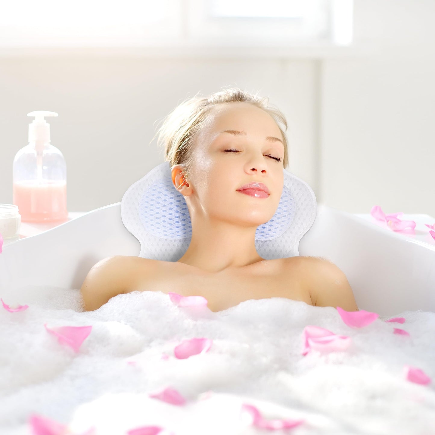 Roslim Bathtub Bath Pillows for Tub - Pillow Headrest with Ergonomic TPE, Neck & Back Support, Upgraded Strong Suction Cups Hook Accessories, Spa Gifts, Off-white, ZCTPEPillow-M