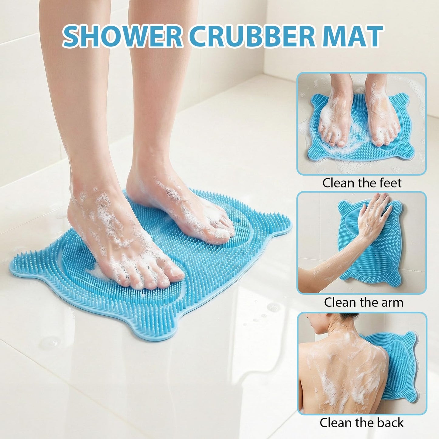 Quuztao Large Shower Foot Scrubber Mat, Non Slip Suction Cups Silicone Massage Bath Mat, Deep Cleaning & Exfoliation Feet Washer Brush Pad