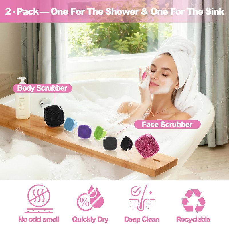 ARIOSOX 2 Pack Face Scrubbers, Silicone Body Scrubber Soft Bristles, Gentle Lather, Exfoliating & Deep Cleaning for Sensitive Skin, Giant Suction Cup Stick Securely (Body+ Face Scrubber Pink)