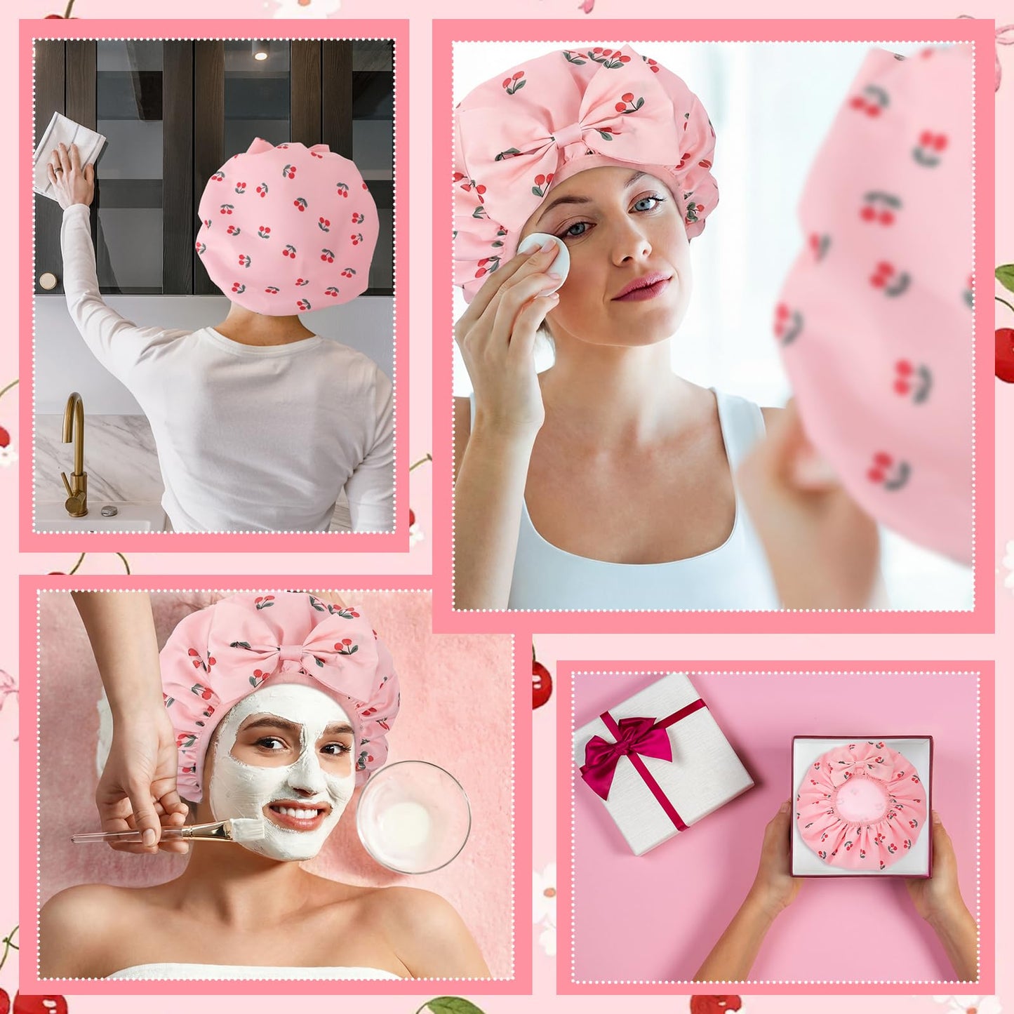 ramede Large Satin Lined Shower Cap for Women Reusable Waterproof Double Layer Bath Cap with Cherry Bow Large Washable Bath Caps with Soft Elastic Band Protect Long Hair Braids