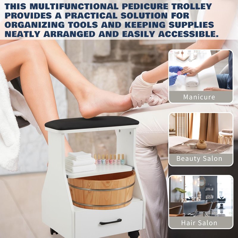 Geelin Portable Pedicure Foot Rest Stool with 4 Locking Wheel, Mobile Foot Bath Spa Trolley Cart for Nail Techs & Home Salon, Comfortable Footrest, Black