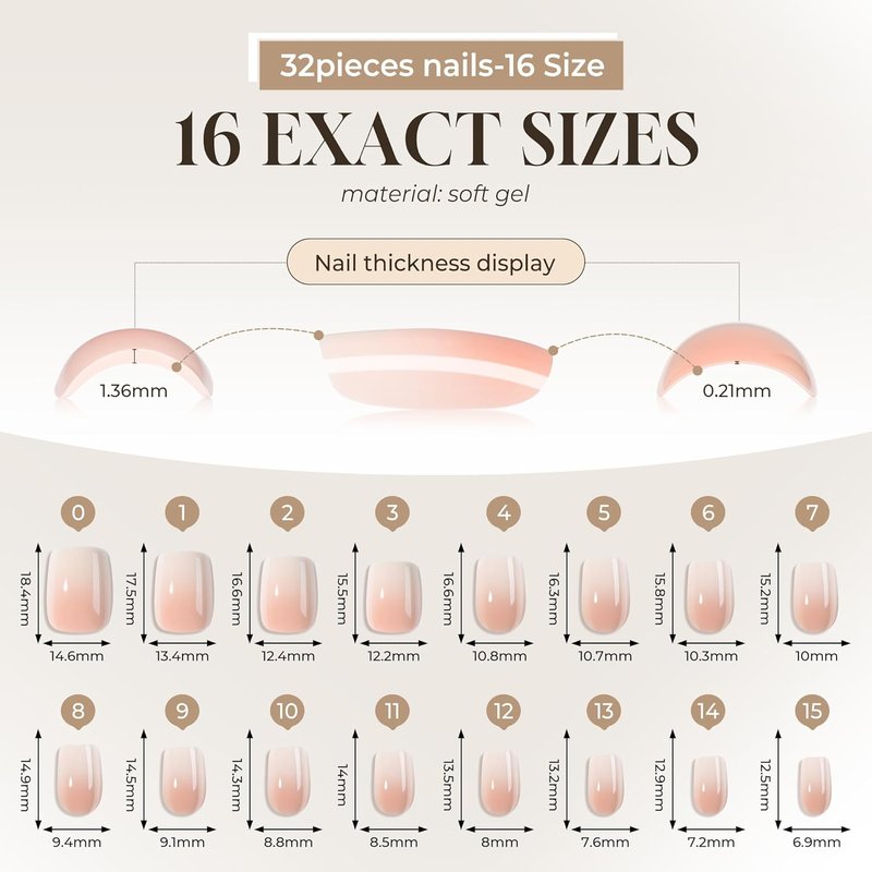 UNA GELLA Press On Nails - Ombre Soft Gel Short Square Kit with Adhesive Tabs & Nail File | 32 Reusable Fake Nails in Nude Cream