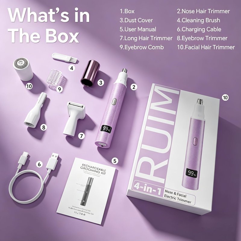 RUIM Electric Nose Hair Trimmer for Women, 4-in-1 Painless Facial Grooming Kit with Eyebrow Trimmer, Nose & Ear Trimmer, Facial Shaver - USB-C Rechargeable, Waterproof, LED Display