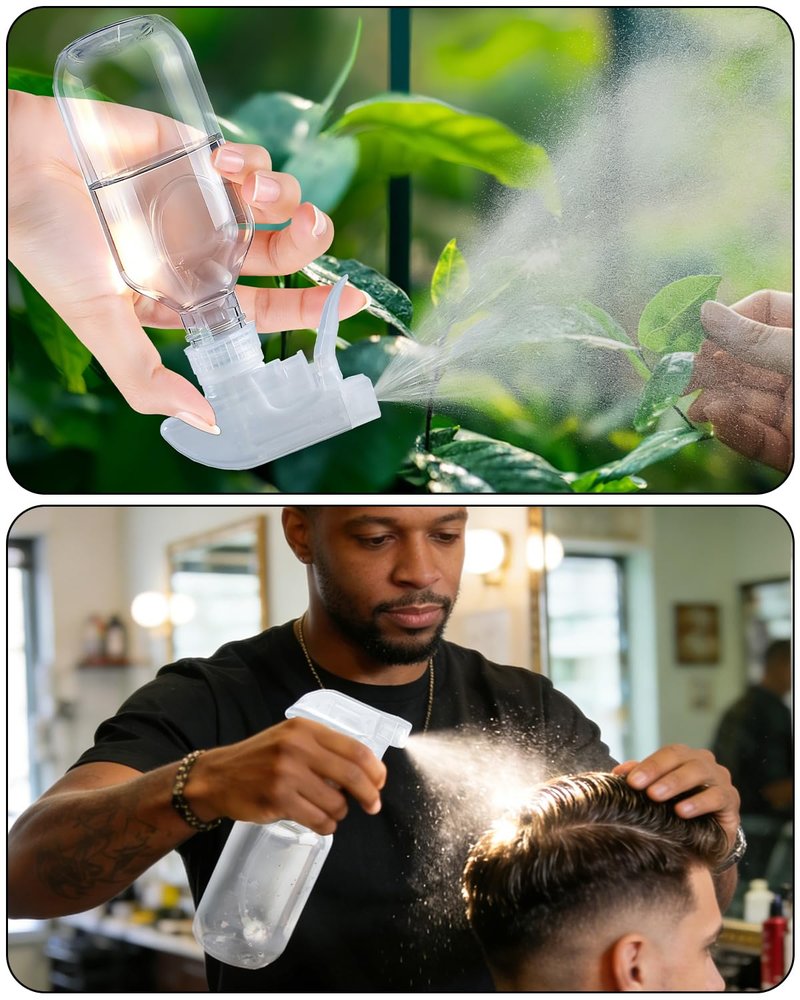 TERESRY 2 Pack 360° Spray Bottles, 10 oz Plastic Small Containers with Adjustable Spray Nozzles, Spray Bottles for Hair, Cleaning Solutions, BBQ and Plants Clear