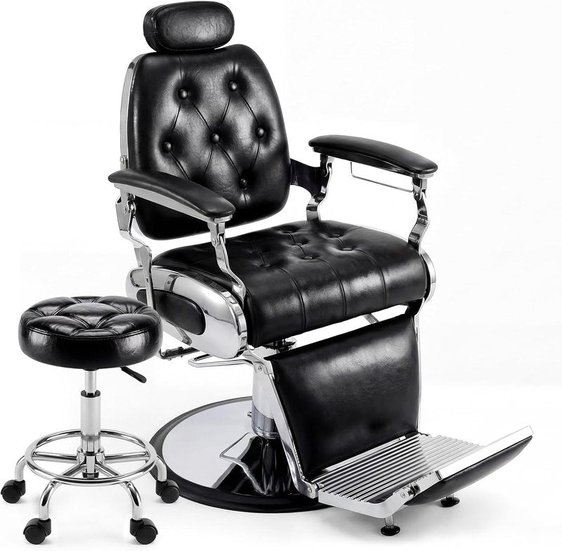 Vintage Hydraulic Barber Chair - Heavy Duty 360° Swivel Salon Chair | Black & Silver