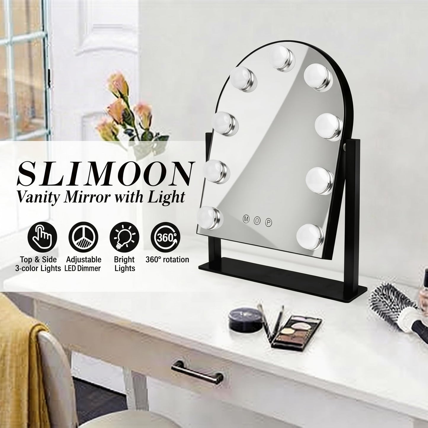 SLIMOON Arched Makeup Vanity Mirror with LED Lights Makeup Mirror Detachable 10X Magnification, Hollywood Make Up Mirror with Lighting, Smart Touch, Rechargeable,360° Rotation,Black 14.17"x 11.81"