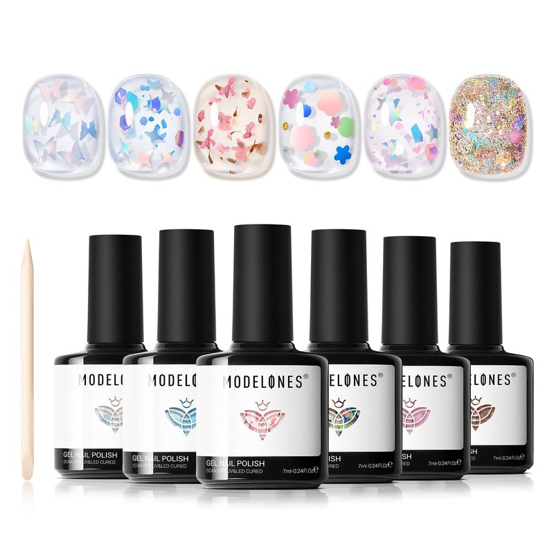modelones Gel Nail Polish Set, 6 Colors Dried Flower Laser Butterfly Blue Pink Star Shape Ornament Glitter Gel Polish Collection with Wooden Stick All Seasons Soak Off LED Manicure DIY Gift