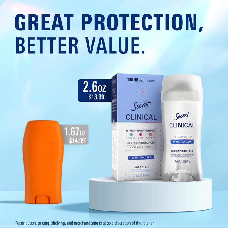Secret Clinical Strength Antiperspirant Deodorant for Women, 100hr Sweat & Odor Protection, Stress Response, 3X Stress Protection with Hyaluronic Acid, PH Balancing Minerals, Invisible Solid, 2.6 oz