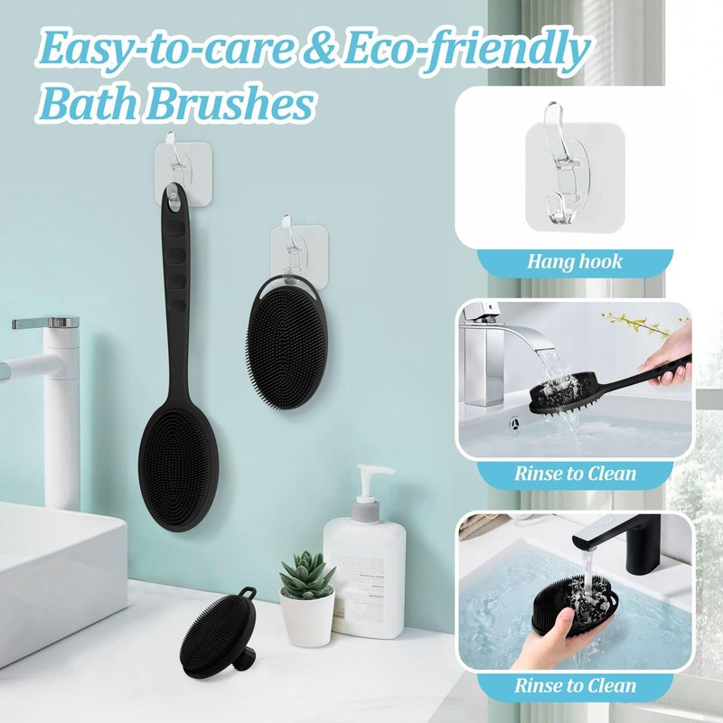 GEENOA Silicone Back & Body & Face Scrubber Set 3PCS, Gentle Exfoliating Back & Body Scrubber with Dual-Side Brush Head, Hygienic Silicone Loofahs with Soft Bristle and Non-Slip Handle(Black-3PC)
