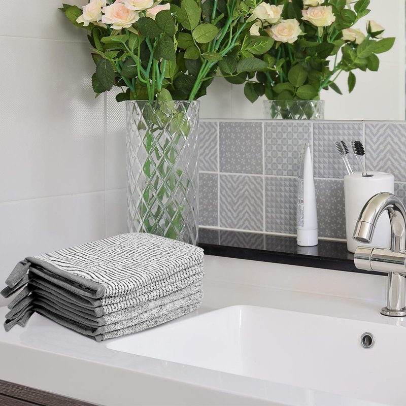 PHOGARY 6 Grey Bath Mitts Washcloths, Small Hand Towels with Hanging Loop, 5"x8" Super Absorbent Soft Coral Fleece Face Towels Kids Teens Adult Body Facial Cloths Machine Washable Cloth for Showering