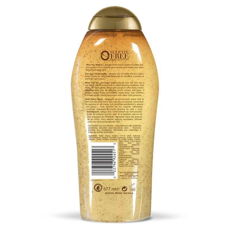 OGX Smoothing + Coconut Coffee Exfoliating Body Scrub with Arabica Coffee & Coconut Oil, Moisturizing Body Wash for Dry Skin, Paraben-Free with Sulfate-Free Surfactants, 19.5 Fl Oz, 2 Pack