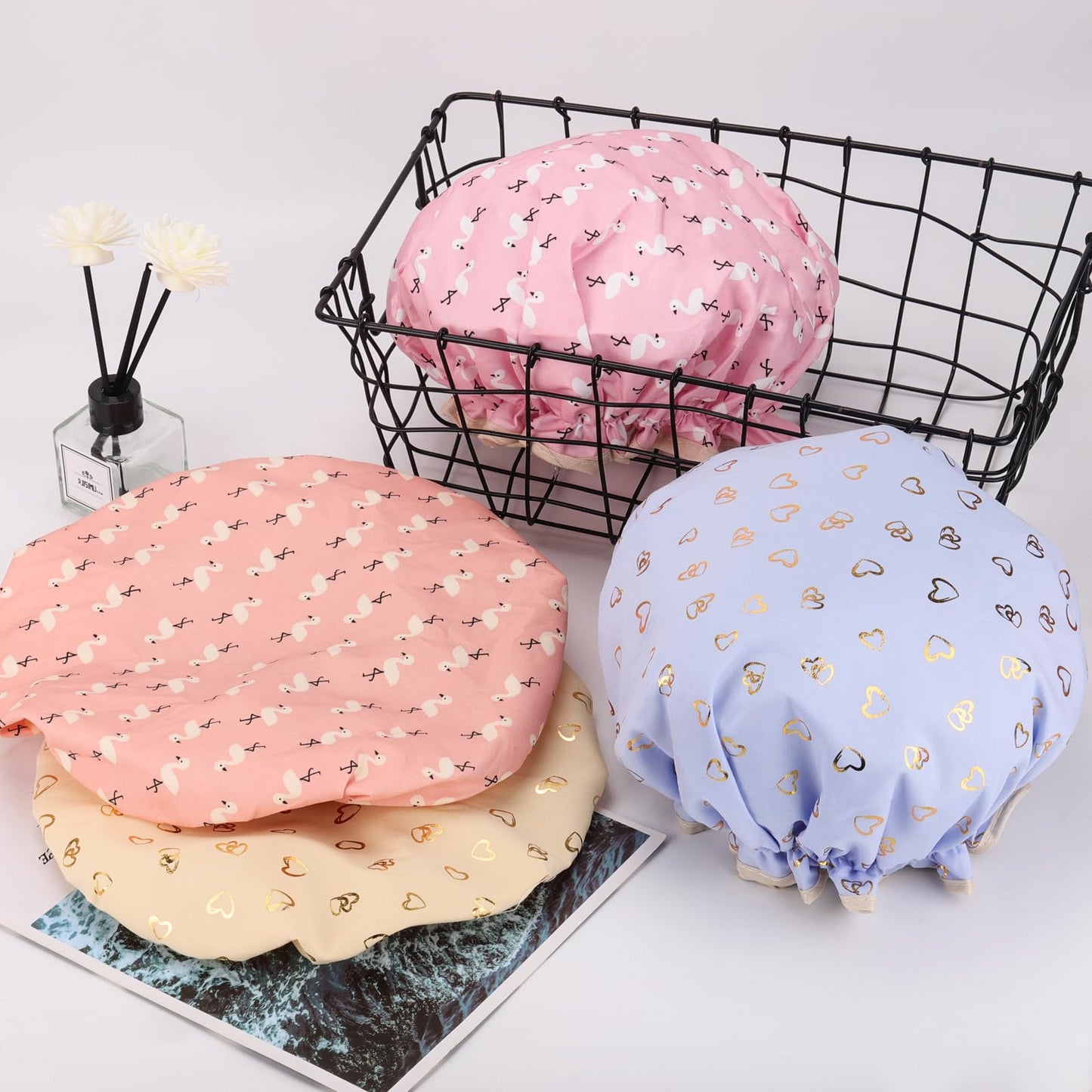 4 Pcs Shower Caps Hat for Women and Girl, Reusable Waterproof Bath Cap Double Waterproof Layers Bird and Heart Pattern