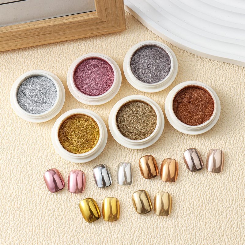Chrome Nail Powder Set - 6PCS Metallic Mirror Pigment for Holographic Nail Designs | Rose Gold, Silver, Champagne