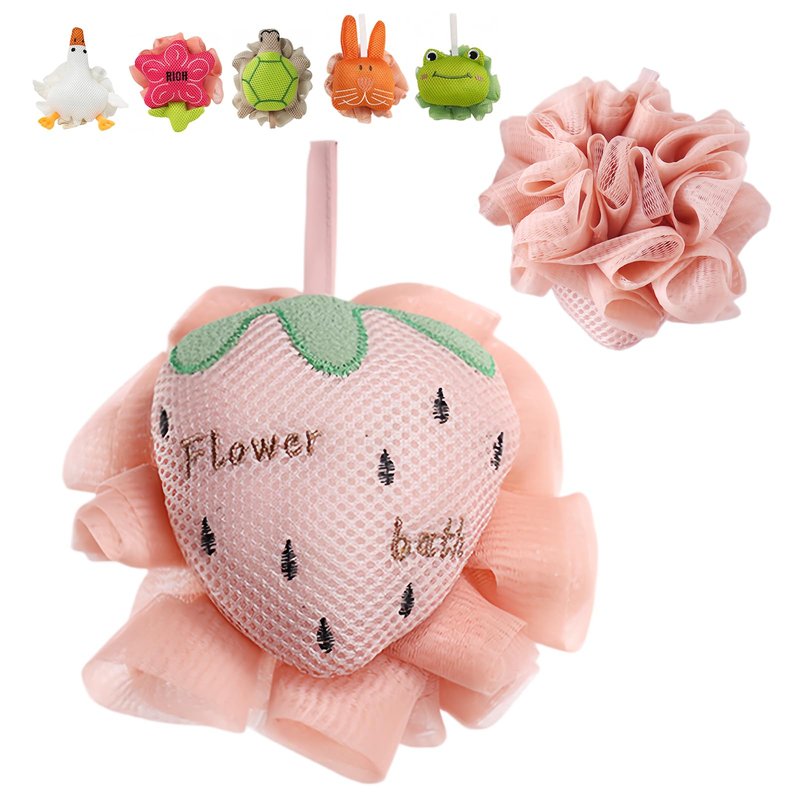 Kids Loofah, Cute Cartoon Animal Kids Bath Sponge with Hanging Rope, Soft Double Mesh for Rich Lather (Pink Strawberry)